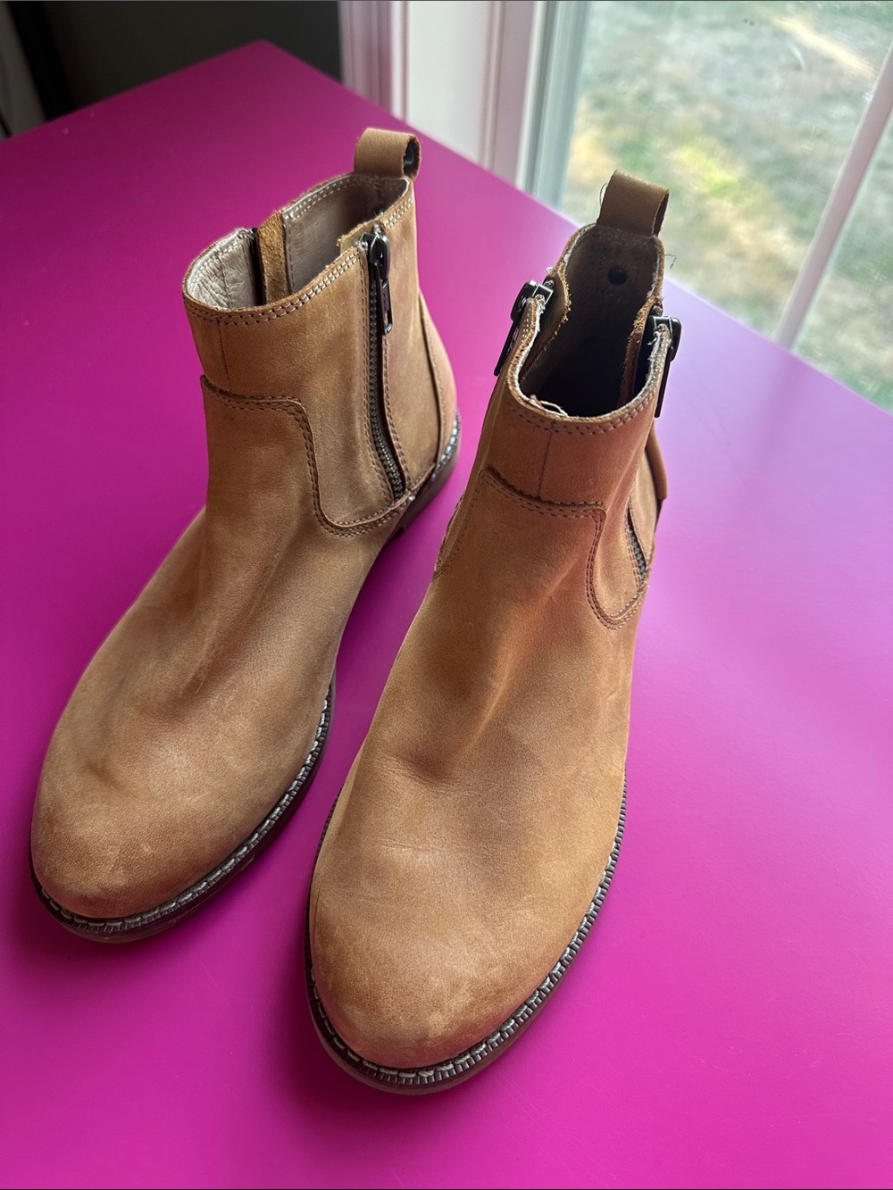 Taos Footwear Tan Sueded leather Ankle Booties with Side Zips
